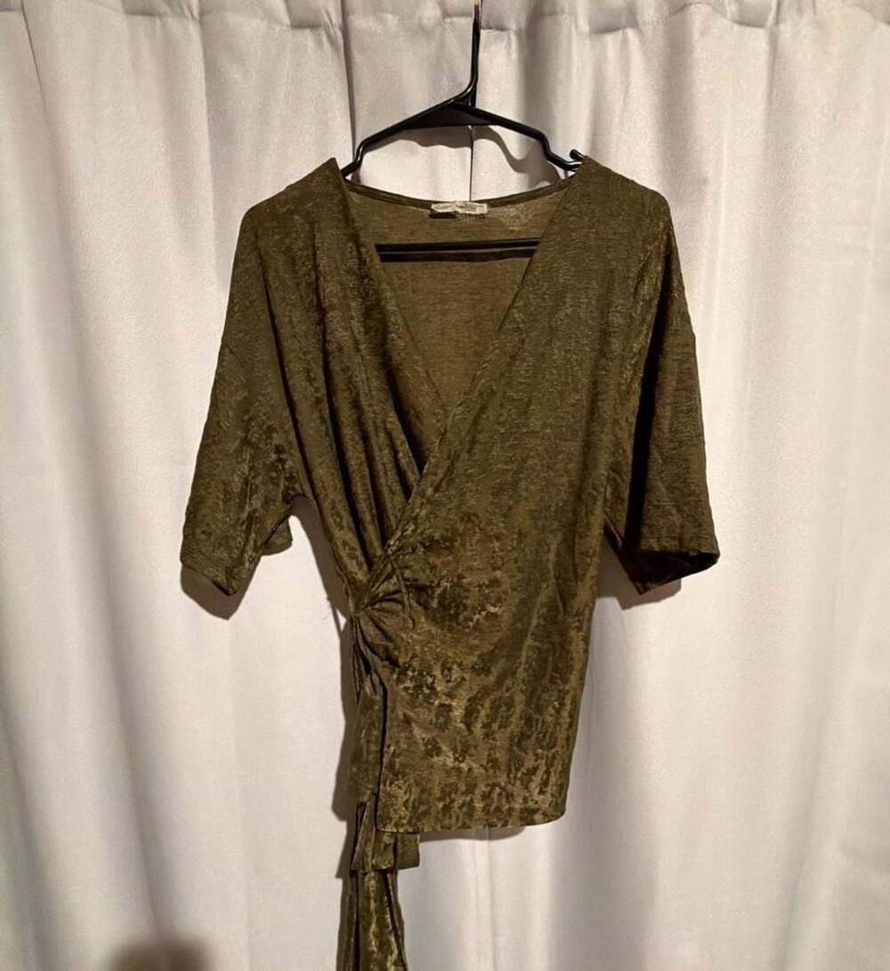 Zara Wrap Blouse Size S Olive Green Velvet V-Neck Tie Front Top